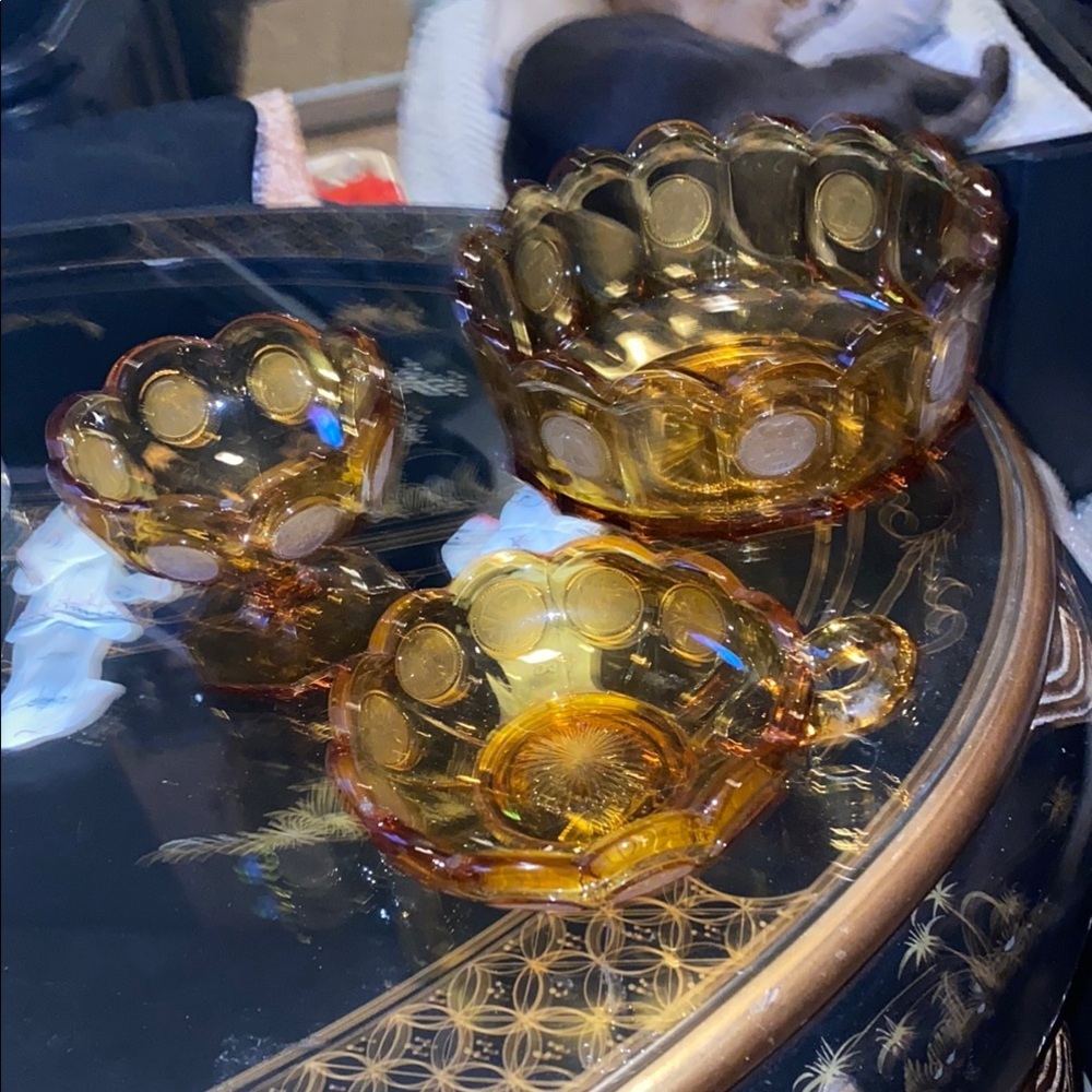 BOX41 Vintage Amber Coin Glass Bowl Set